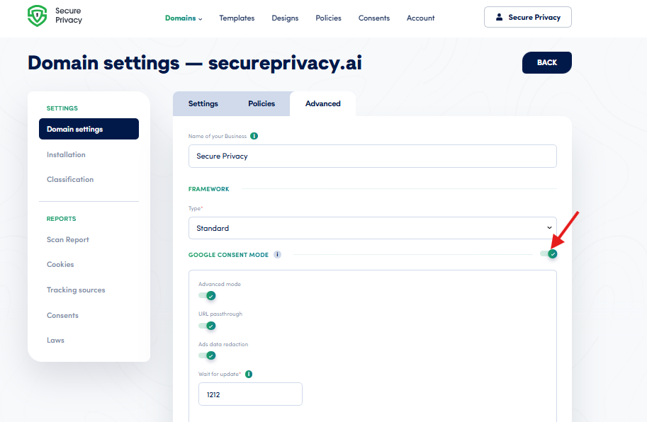 Secure Privacy Google Consent Mode setting in Domain Settings, showing options to enable Basic or Advanced consent mode for Google Analytics and Google Ads