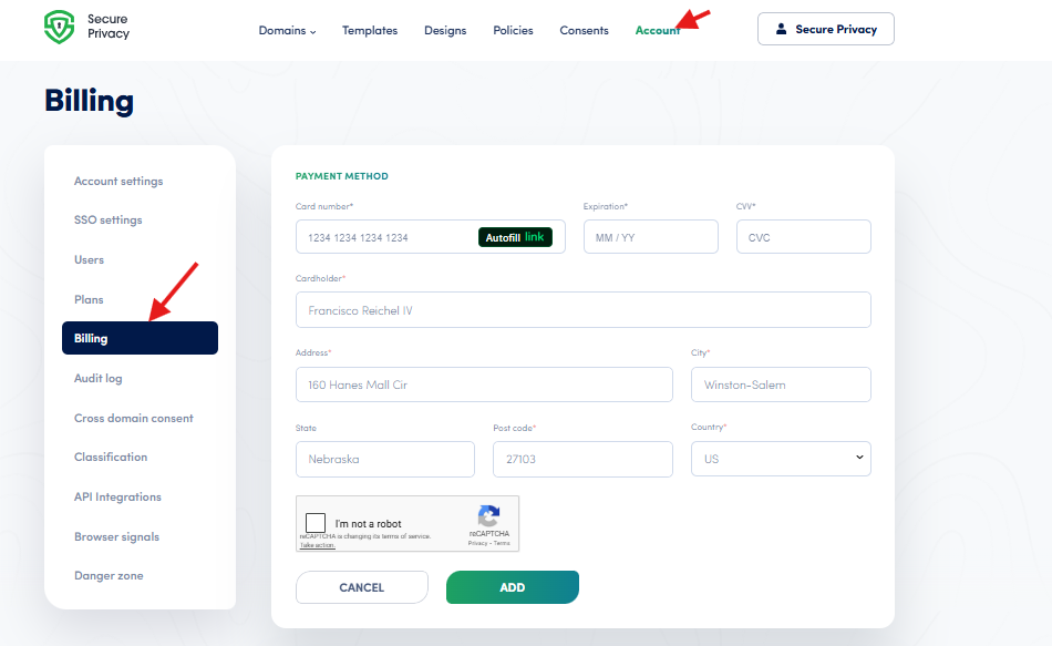 Secure Privacy account Billing page showing credit card entry fields for subscription payment